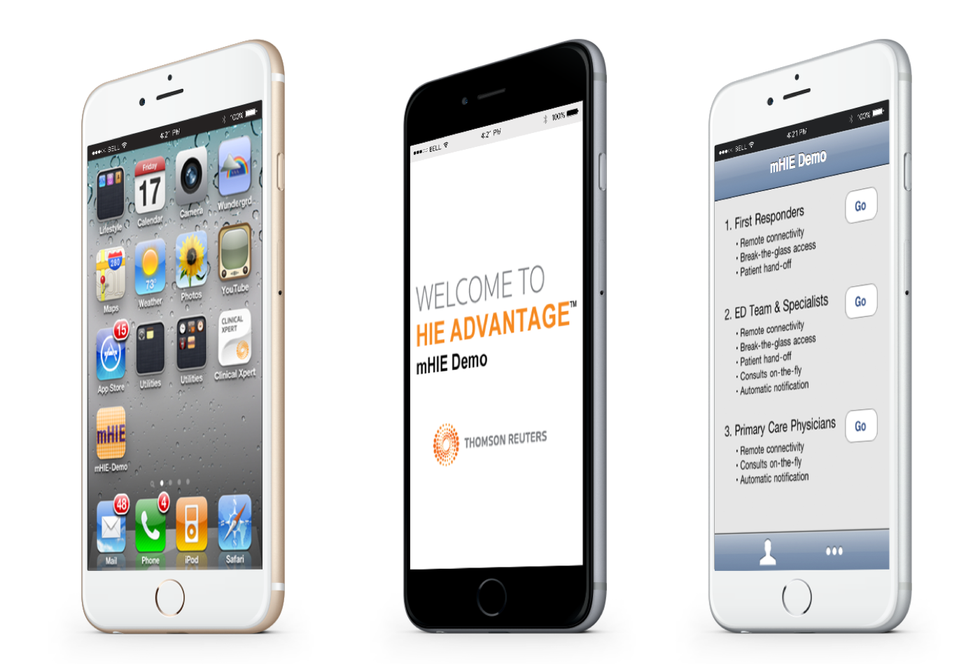 The mHIE demo on three iPhones: home screen, welcome screen and the demo menu